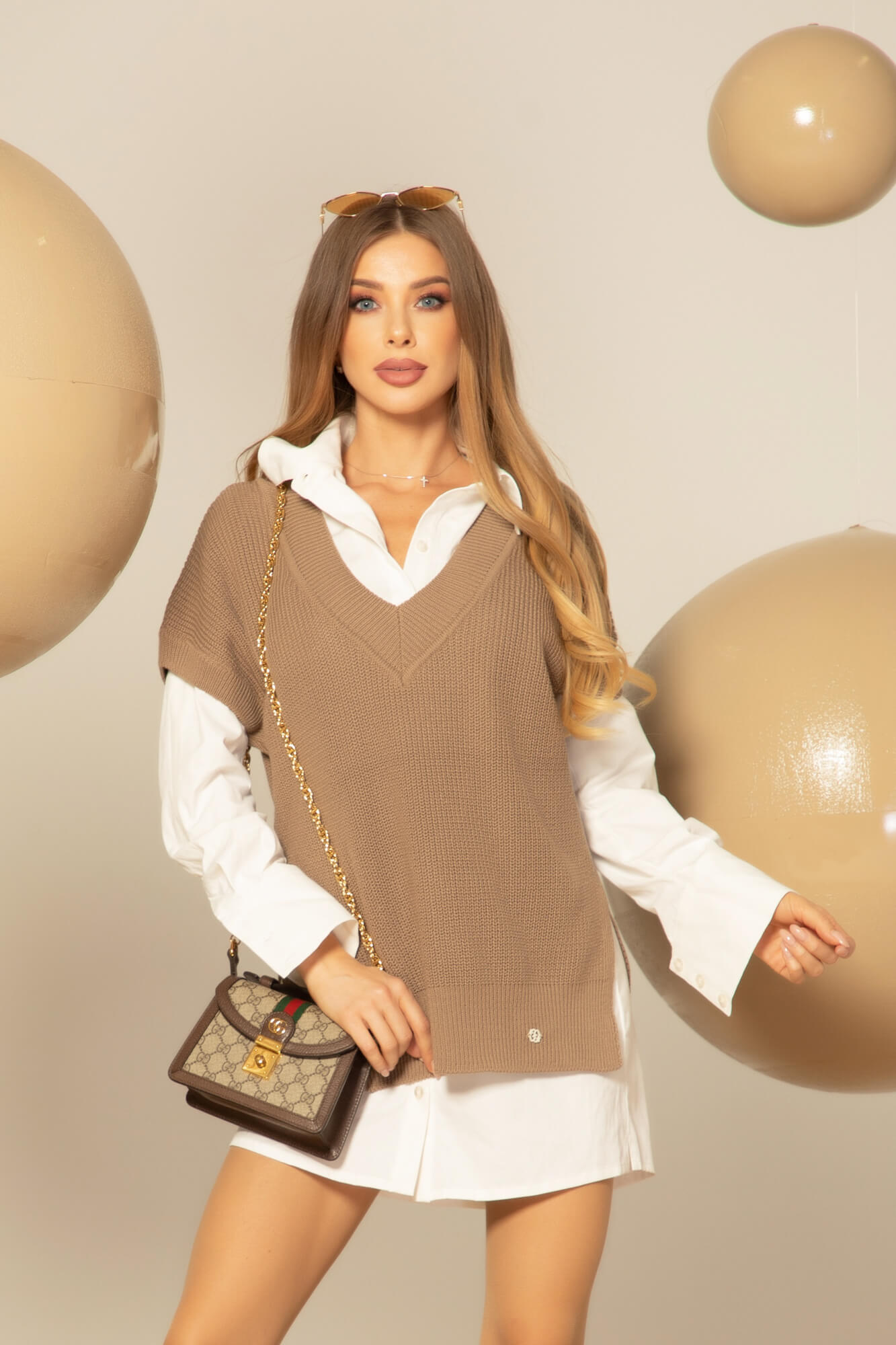 Snug & Chic  Μακρύ Πλεκτό Γιλέκο - Beige Grey - Εικόνα 16