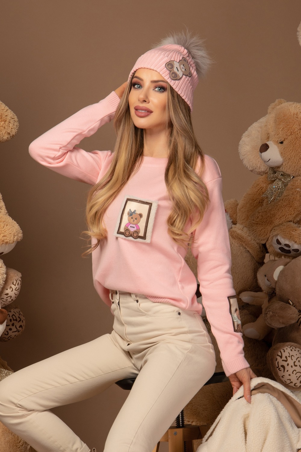 Alessa Bear Σκούφος Πλεκτός Με Φυσικό Χνούδι - Pink - Εικόνα 16
