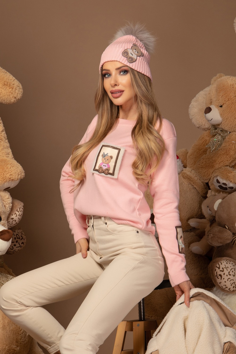 Alessa Bear Σκούφος Πλεκτός Με Φυσικό Χνούδι - Pink - Εικόνα 12
