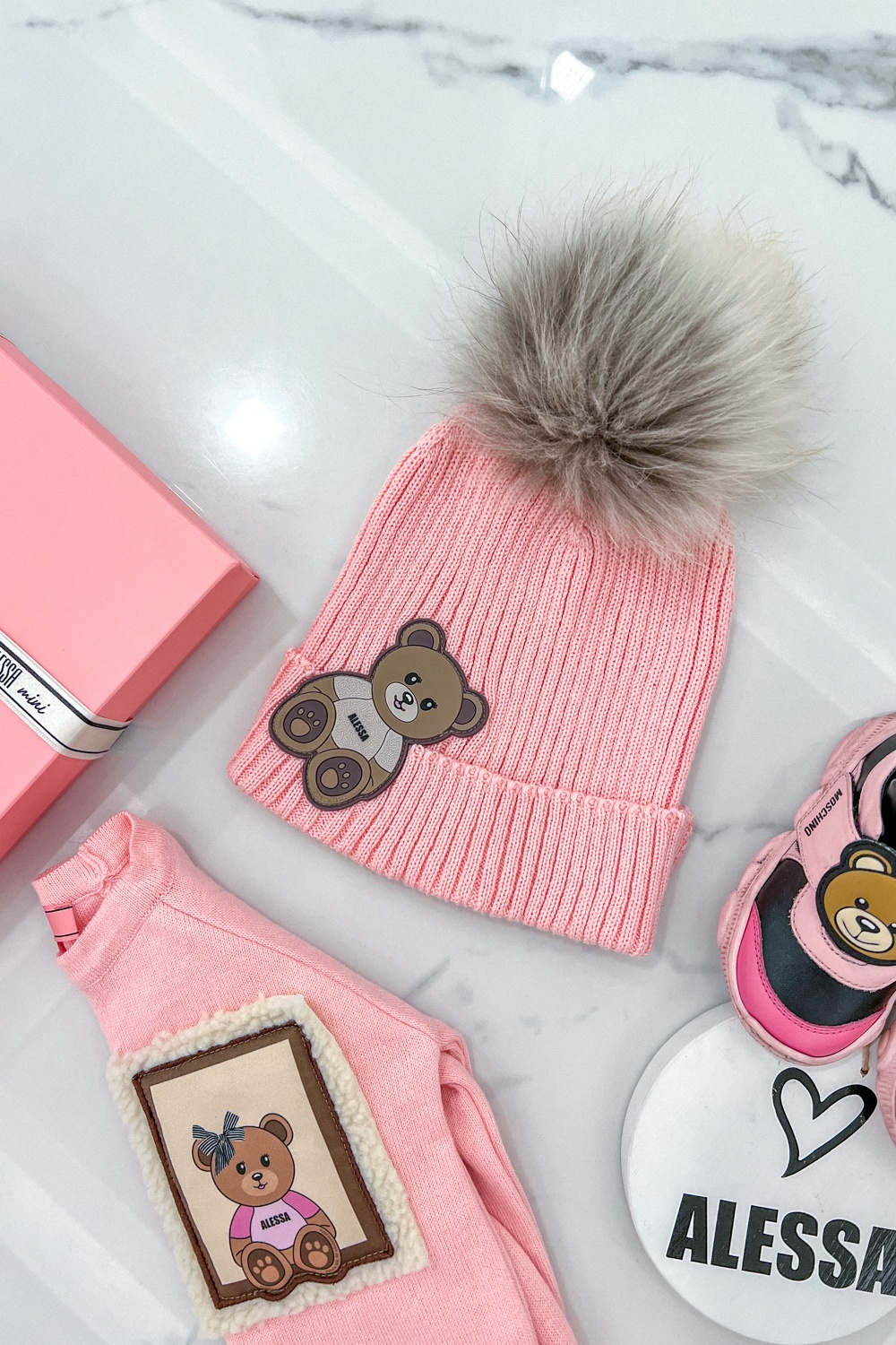 Alessa Bear Mini Σκούφος Πλεκτός Με Φυσικό Χνούδι - Pink - Εικόνα 10