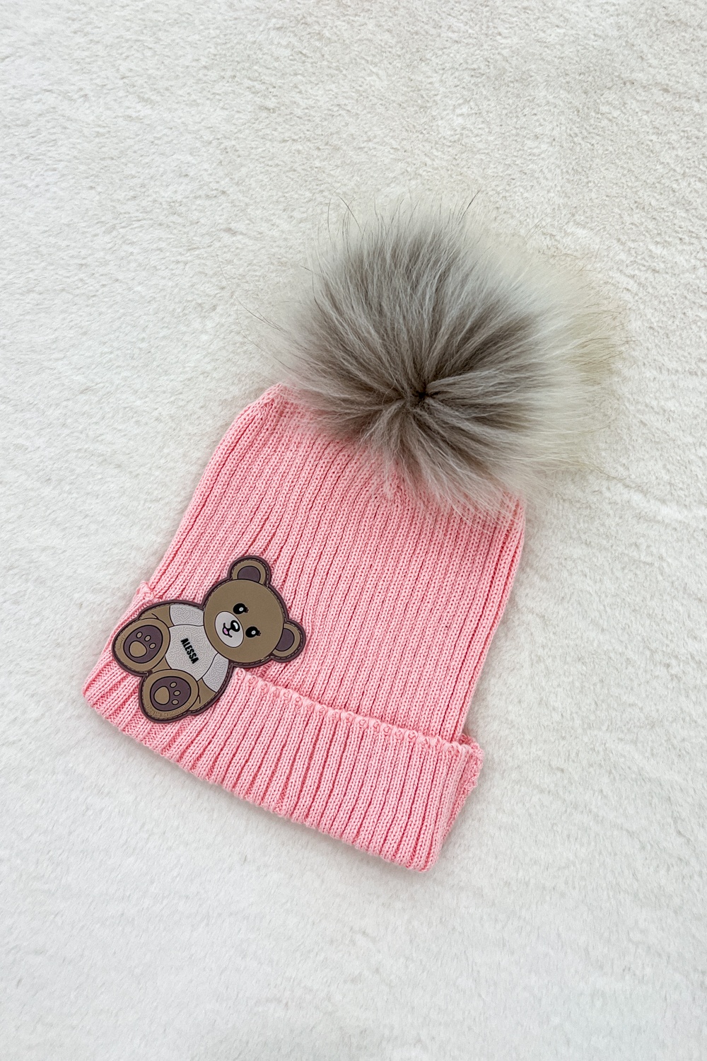 Alessa Bear Mini Σκούφος Πλεκτός Με Φυσικό Χνούδι - Pink - Εικόνα 9