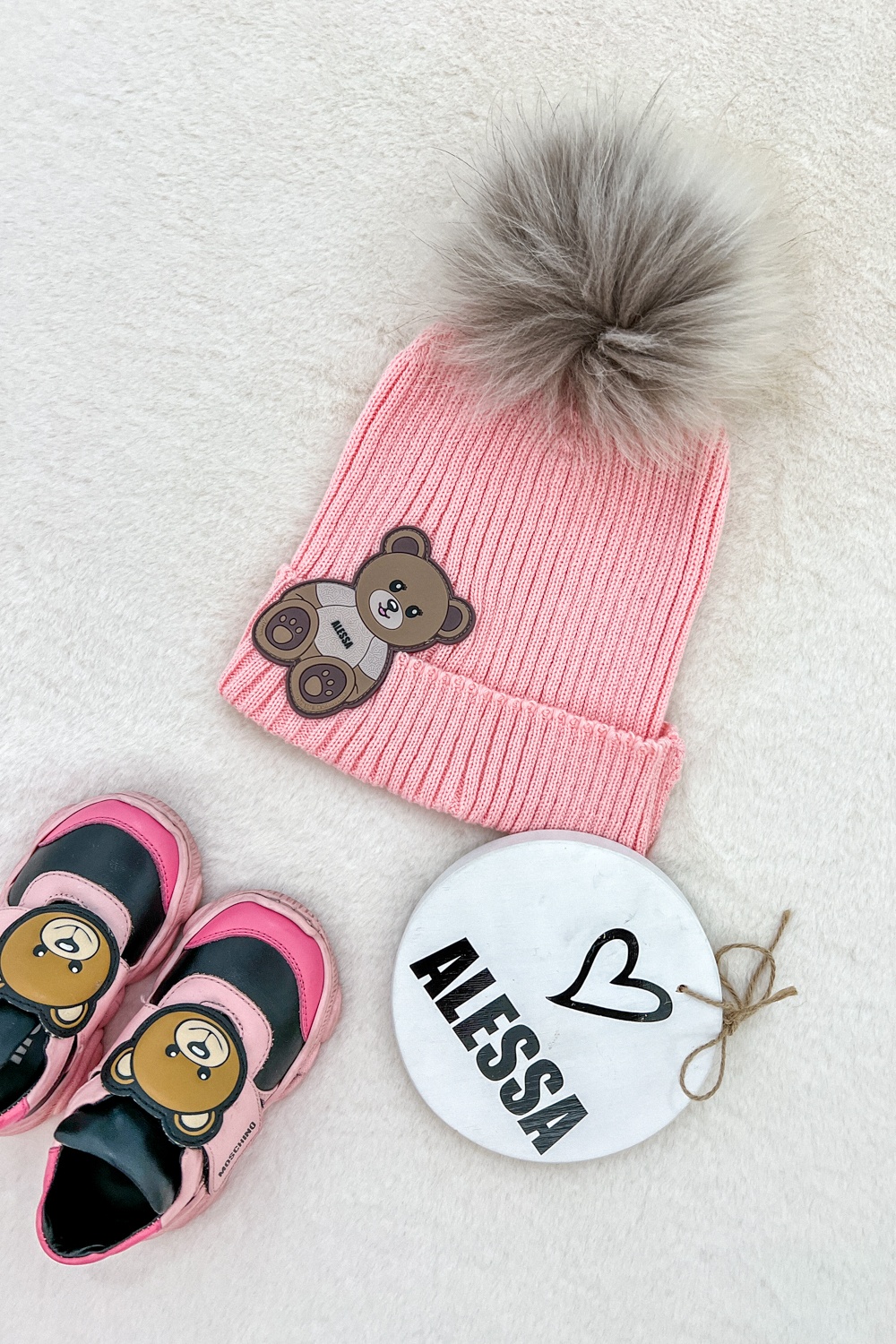 Alessa Bear Mini Σκούφος Πλεκτός Με Φυσικό Χνούδι - Pink - Εικόνα 7