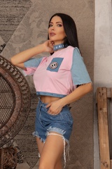 Κροπ-τοπ t-shirt  με ντένιμ - Pink - Εικόνα 7